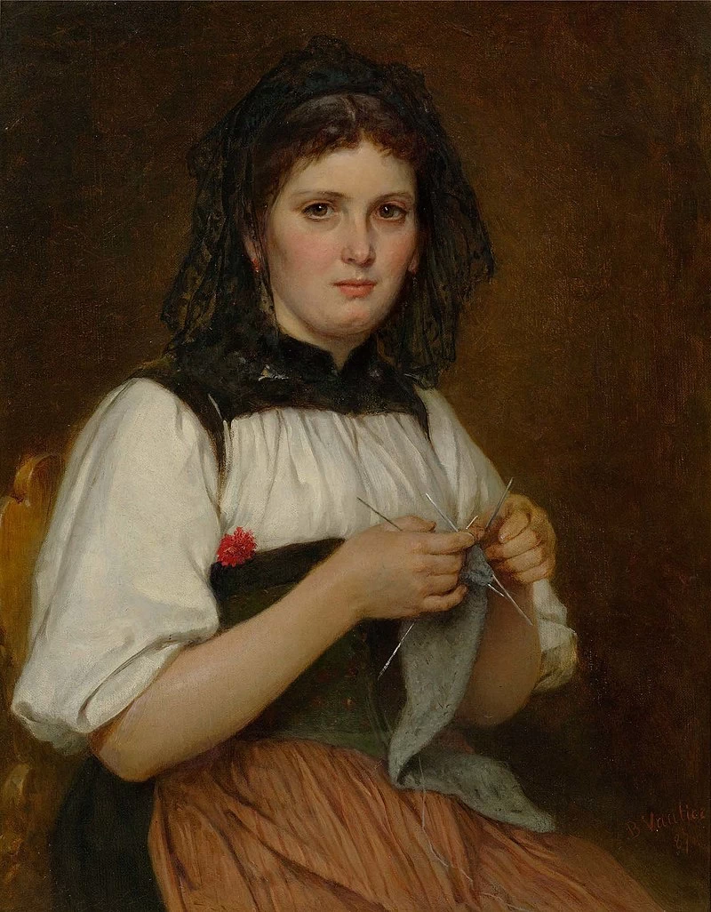 Giovane donna di Berna in costume tradizionale che lavora a maglia 1887